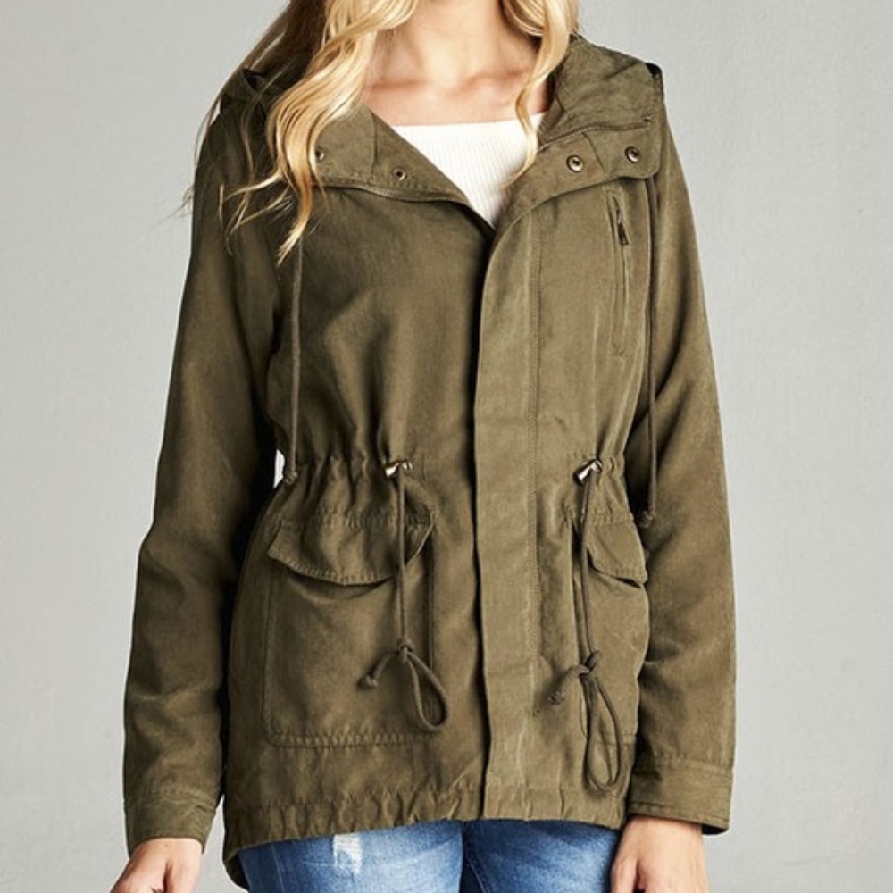 Olive Plus Size Poly Peach Hooded Utility Jacket